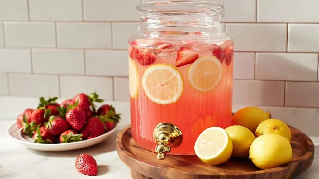Refreshing Strawberry Pink Lemonade in a glass with fresh strawberries