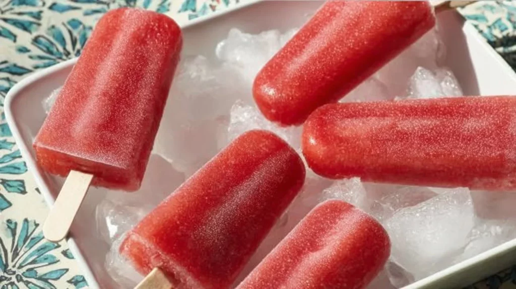 Delicious homemade strawberry popsicles on a sunny day