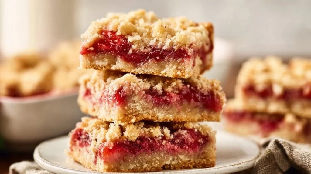 Delicious homemade Strawberry Rhubarb Bars on a wooden table.