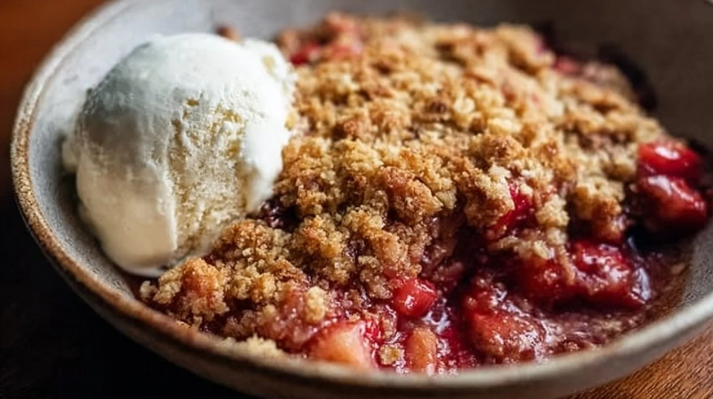 Homemade strawberry rhubarb crisp served in a bowl with a scoop of vanilla ice cream