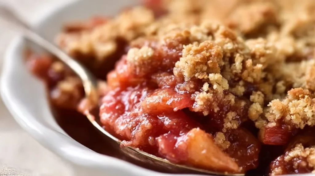 Delicious Strawberry Rhubarb Crisp served in a dish, showcasing its crunchy topping and juicy filling.