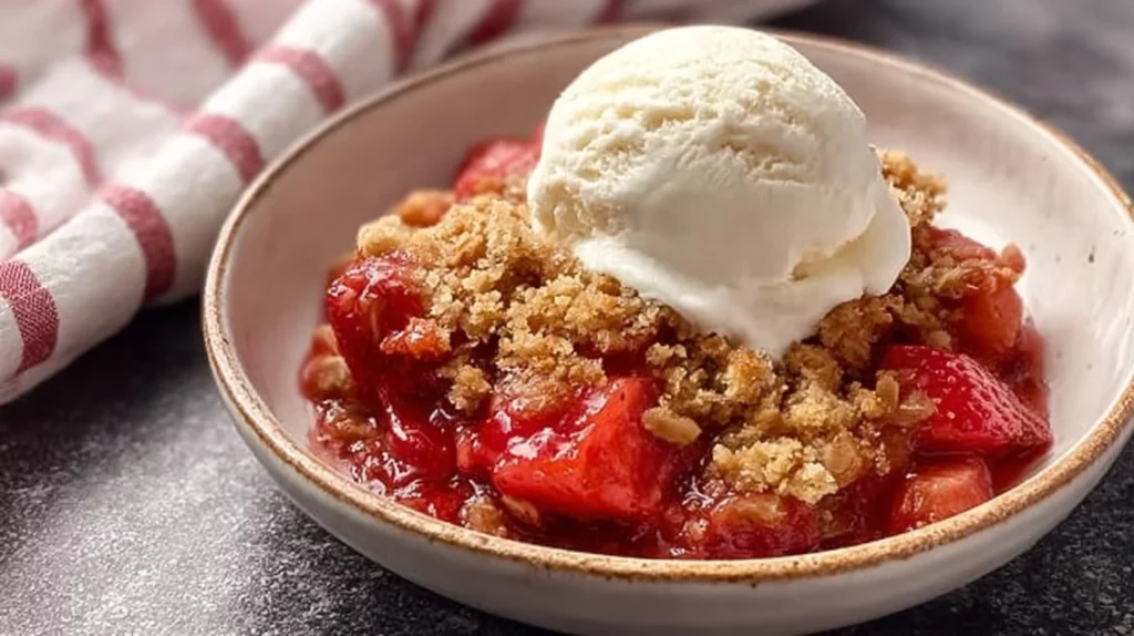 Delicious homemade Strawberry Rhubarb Crisp with a golden topping