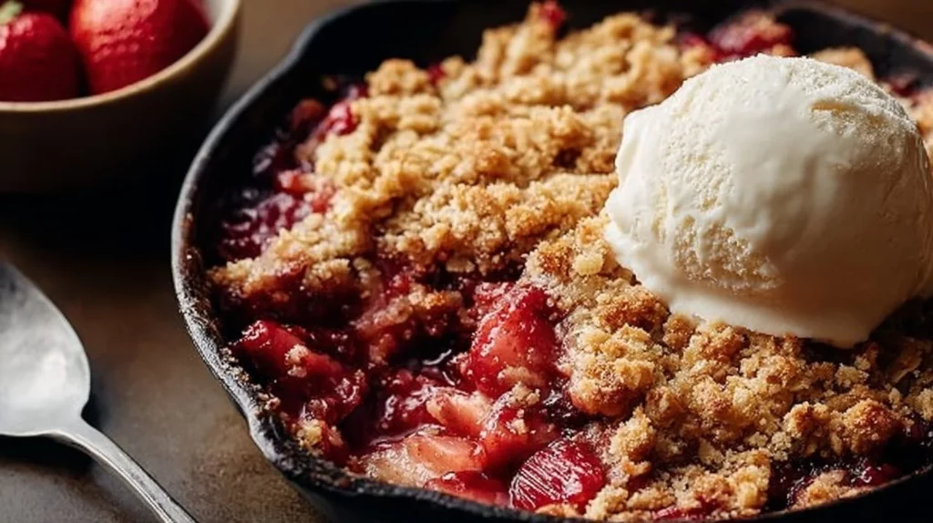 Bowl of Strawberry Rhubarb Crisp with golden oat topping