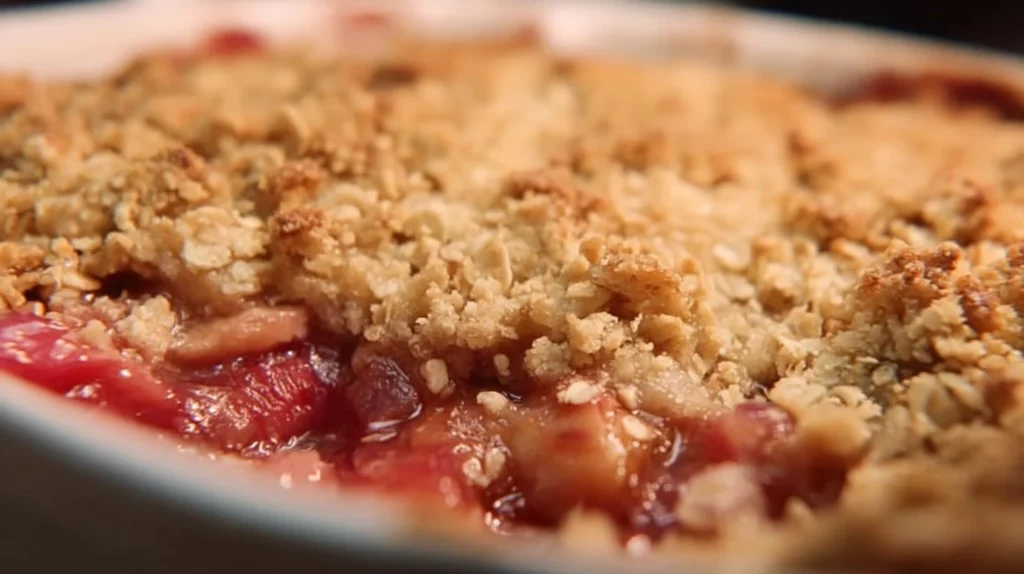 Delicious homemade strawberry rhubarb crisp with a crunchy topping