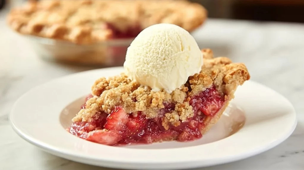 Delicious homemade Strawberry Rhubarb Crumble Pie with a golden crumble topping