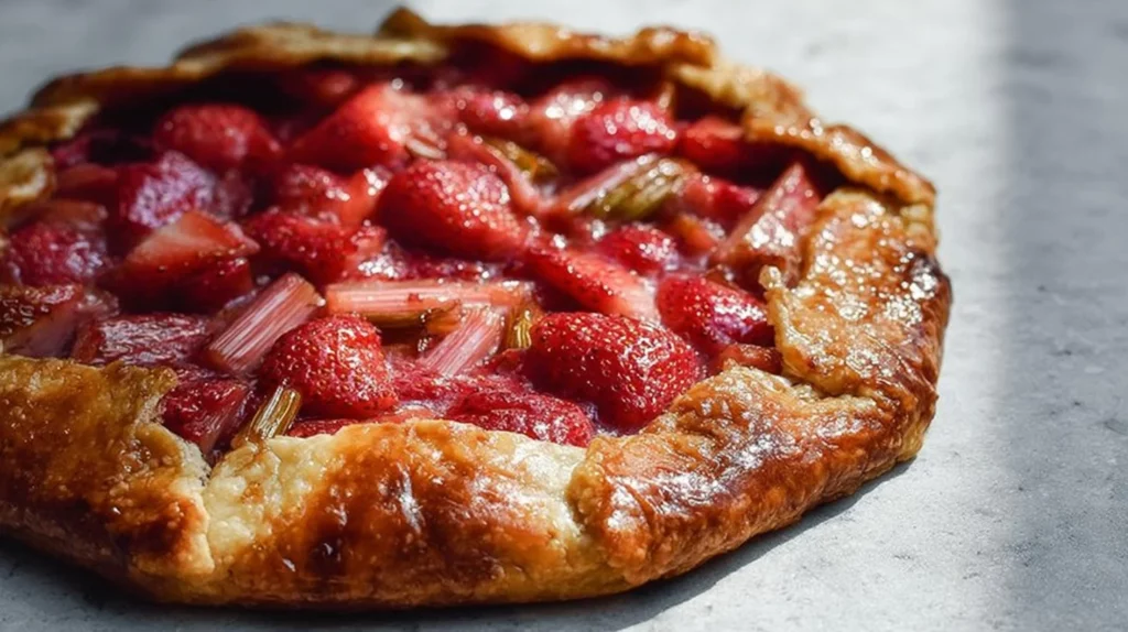 Delicious homemade Strawberry Rhubarb Galette served on a wooden table
