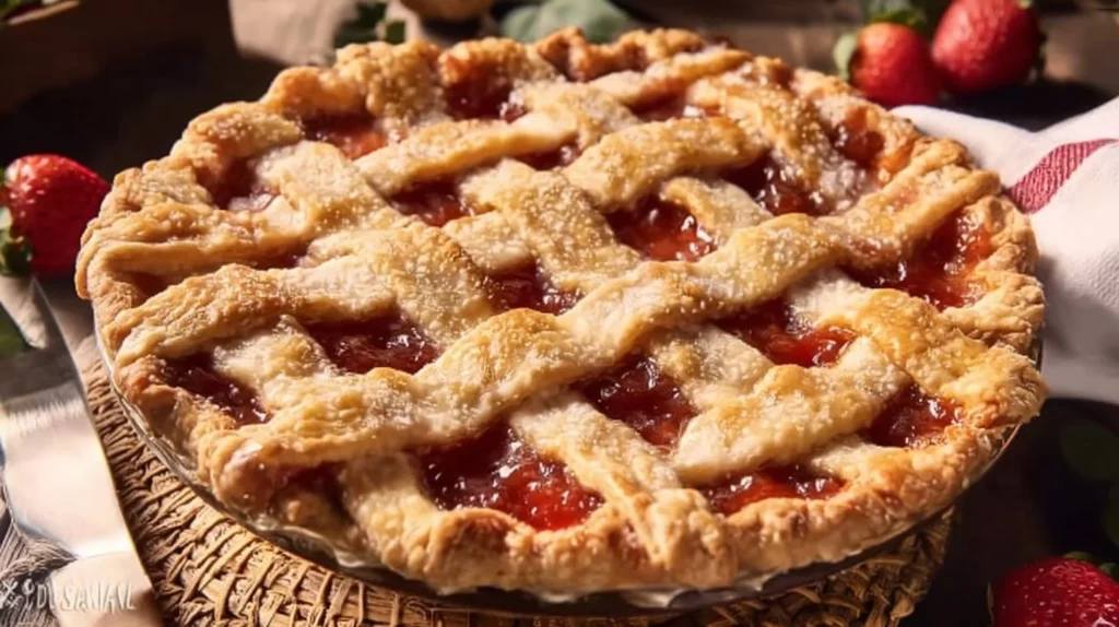 Delicious homemade strawberry rhubarb pie with flaky crust and fresh fruit filling.