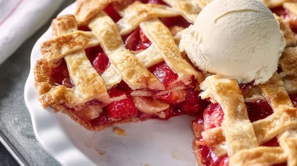 Delicious homemade strawberry rhubarb pie with flaky crust and fresh fruit filling