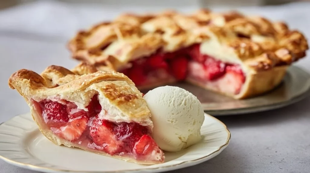 Freshly baked Strawberry Rhubarb Pie with a golden crust and cherry filling