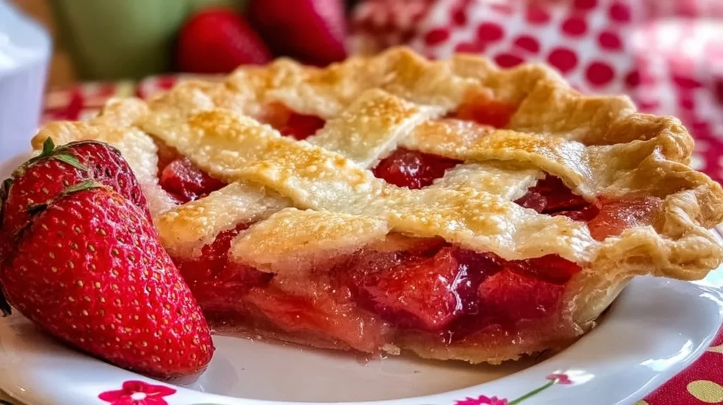Homemade Strawberry Rhubarb Pie with a flaky crust and vibrant fruit filling