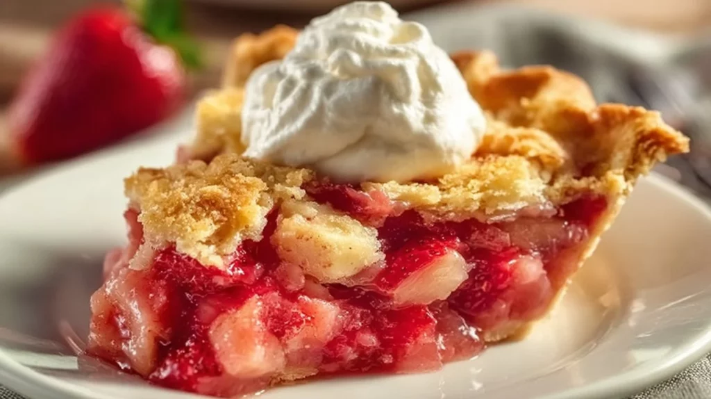 Delicious Strawberry Rhubarb Pie topped with Streusel Crumb, homemade dessert.