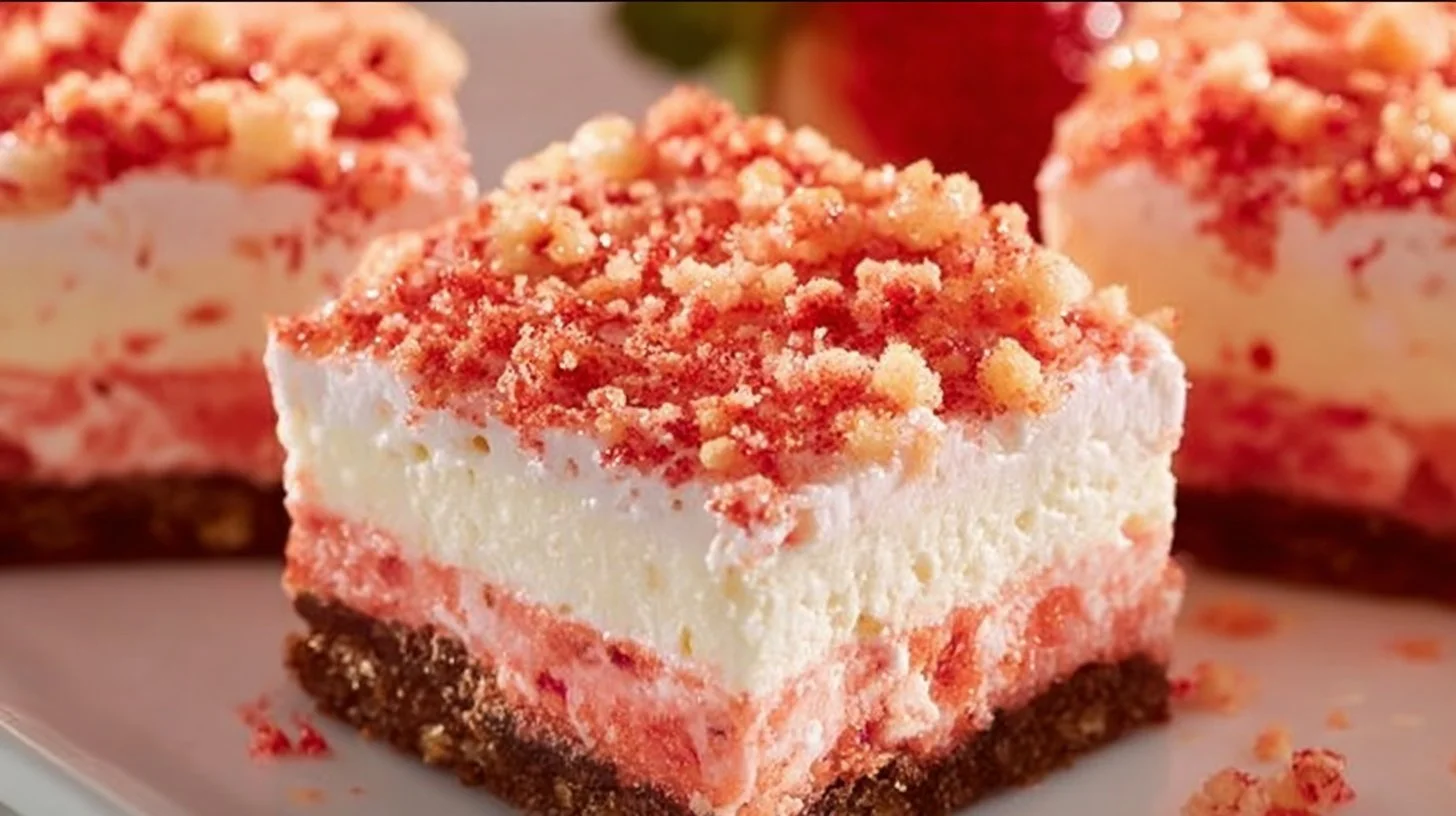 Delicious Strawberry Shortcake Brownies topped with fresh strawberries and whipped cream.