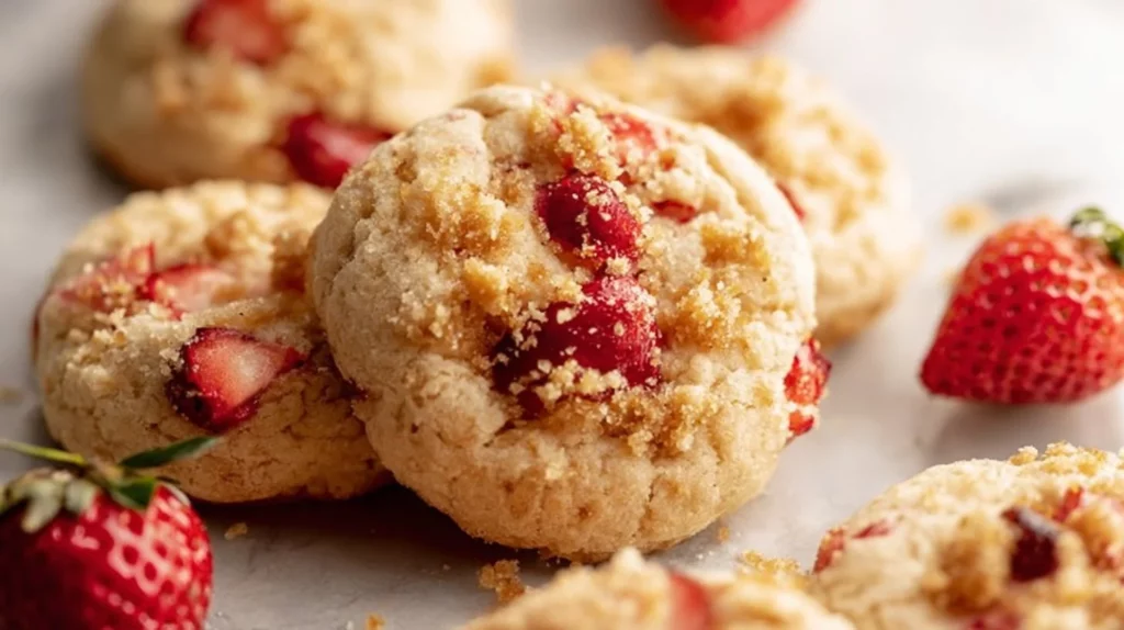 Delicious Strawberry Shortcake Cookies with fresh strawberries and creamy topping.