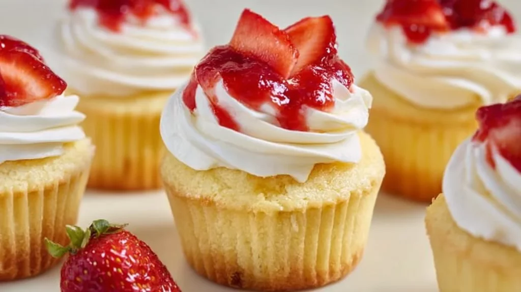 Strawberry Shortcake Cupcakes topped with fresh strawberries and whipped cream
