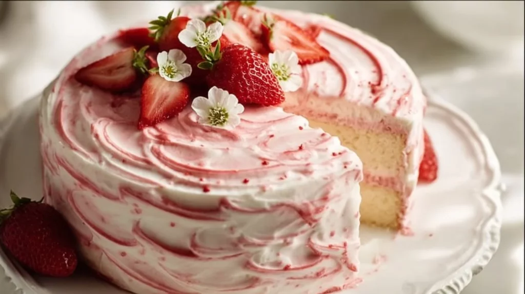 Strawberry Shortcake Layer Cake topped with fresh strawberries and whipped cream