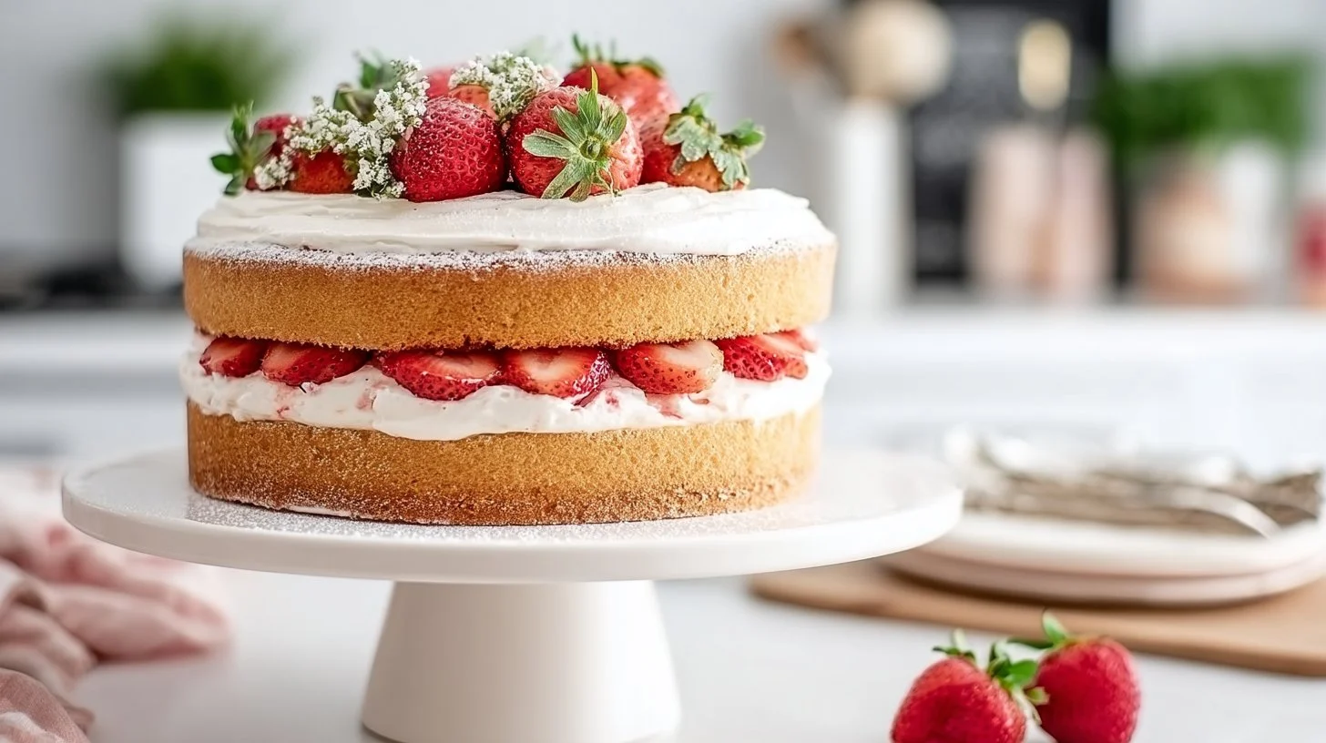 Strawberry Shortcake Layer Cake topped with fresh strawberries and whipped cream