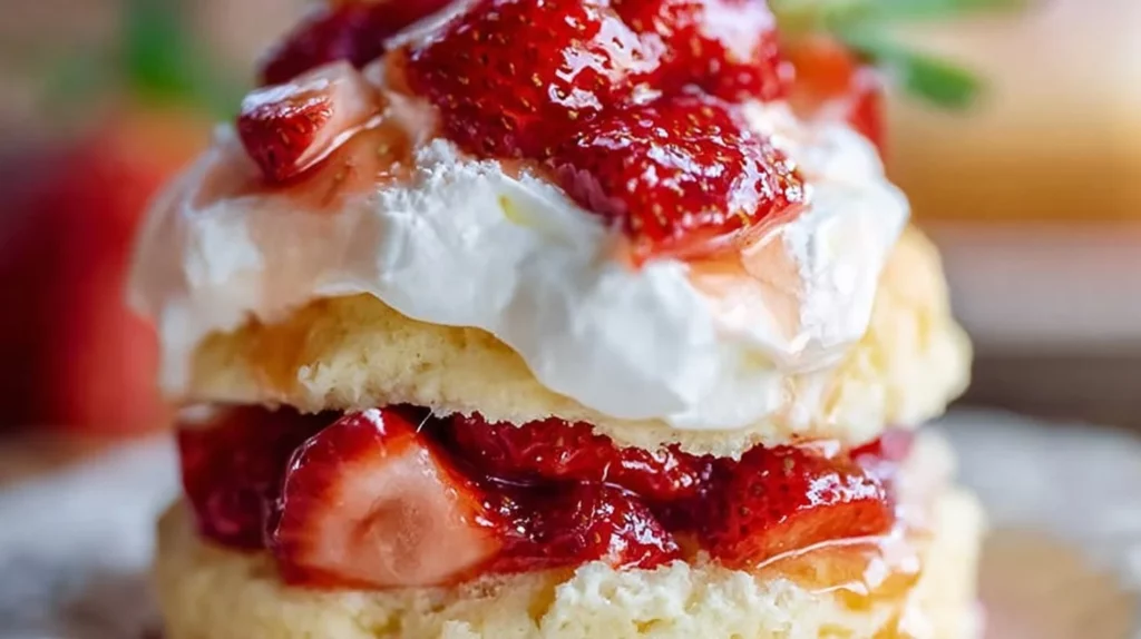 A slice of homemade strawberry shortcake topped with fresh strawberries and whipped cream.