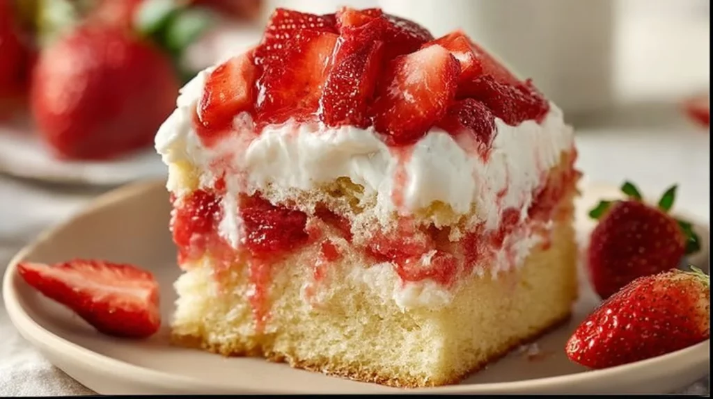 Delicious strawberry shortcake sheet cake topped with fresh strawberries and whipped cream.