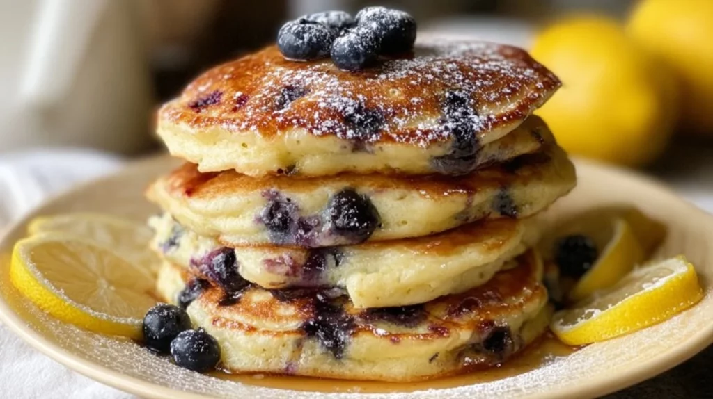 Delicious blueberry lemon ricotta pancakes stacked on a plate.