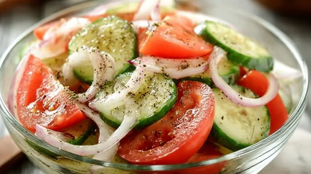 Delicious Tomato Cucumber Onion Salad served in a bowl
