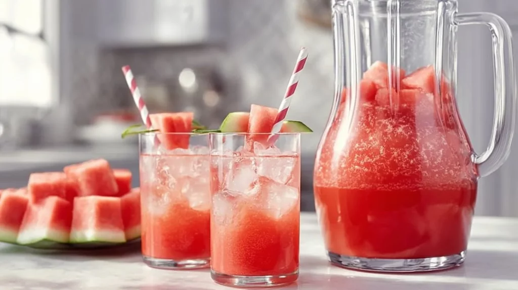 Refreshing watermelon fresh water in a clear glass with ice cubes
