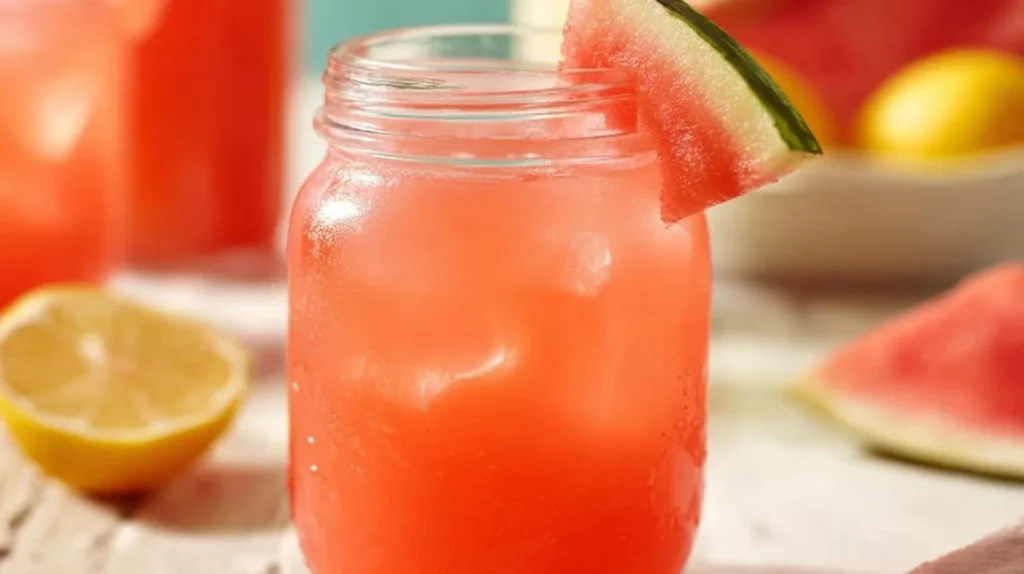 A refreshing glass of watermelon lemonade garnished with mint leaves