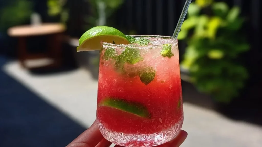 Refreshing Watermelon Mojito served in a glass with mint and watermelon garnish.