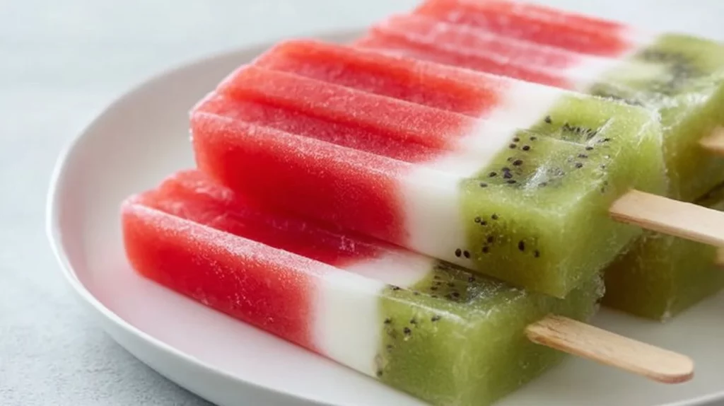 Refreshing watermelon popsicles on a wooden table, perfect summer treat.