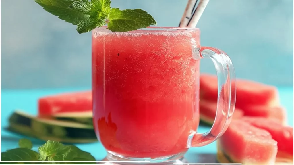 Refreshing watermelon drink served in a glass with ice and mint.