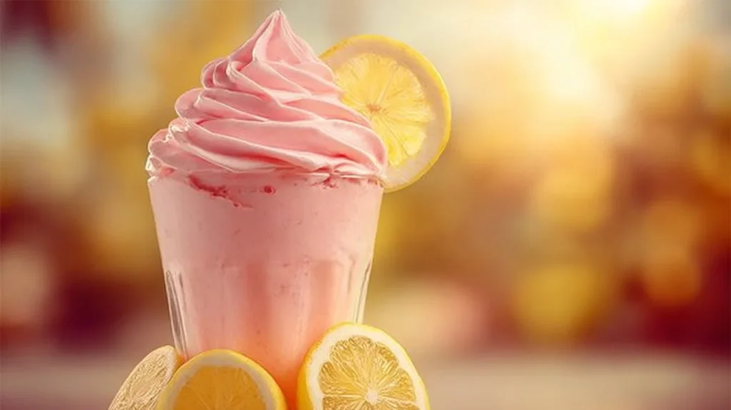 Glass of whipped pink lemonade topped with whipped cream and lemon slices
